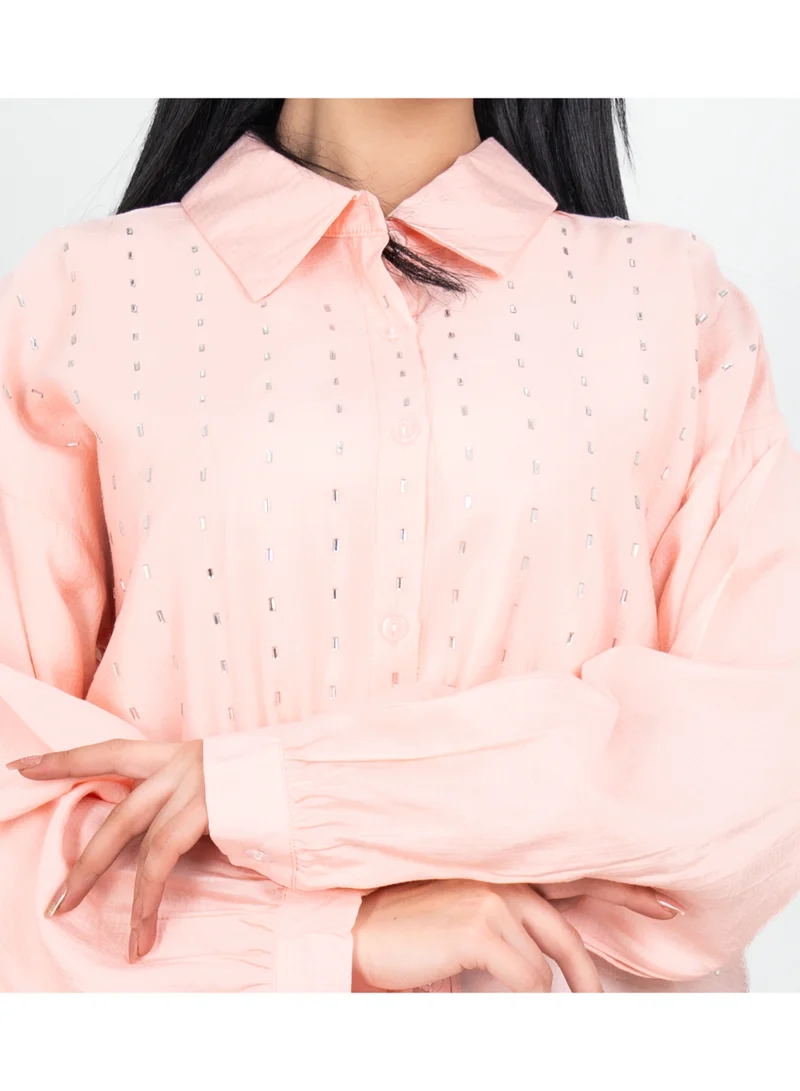 IKKXA Modern Two-Piece Outfit Shirt and Black Pants Crystal Details